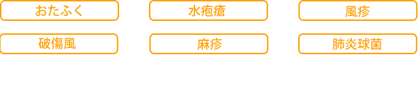 おたふく、水疱瘡、風疹、破傷風、麻疹、肺炎球菌